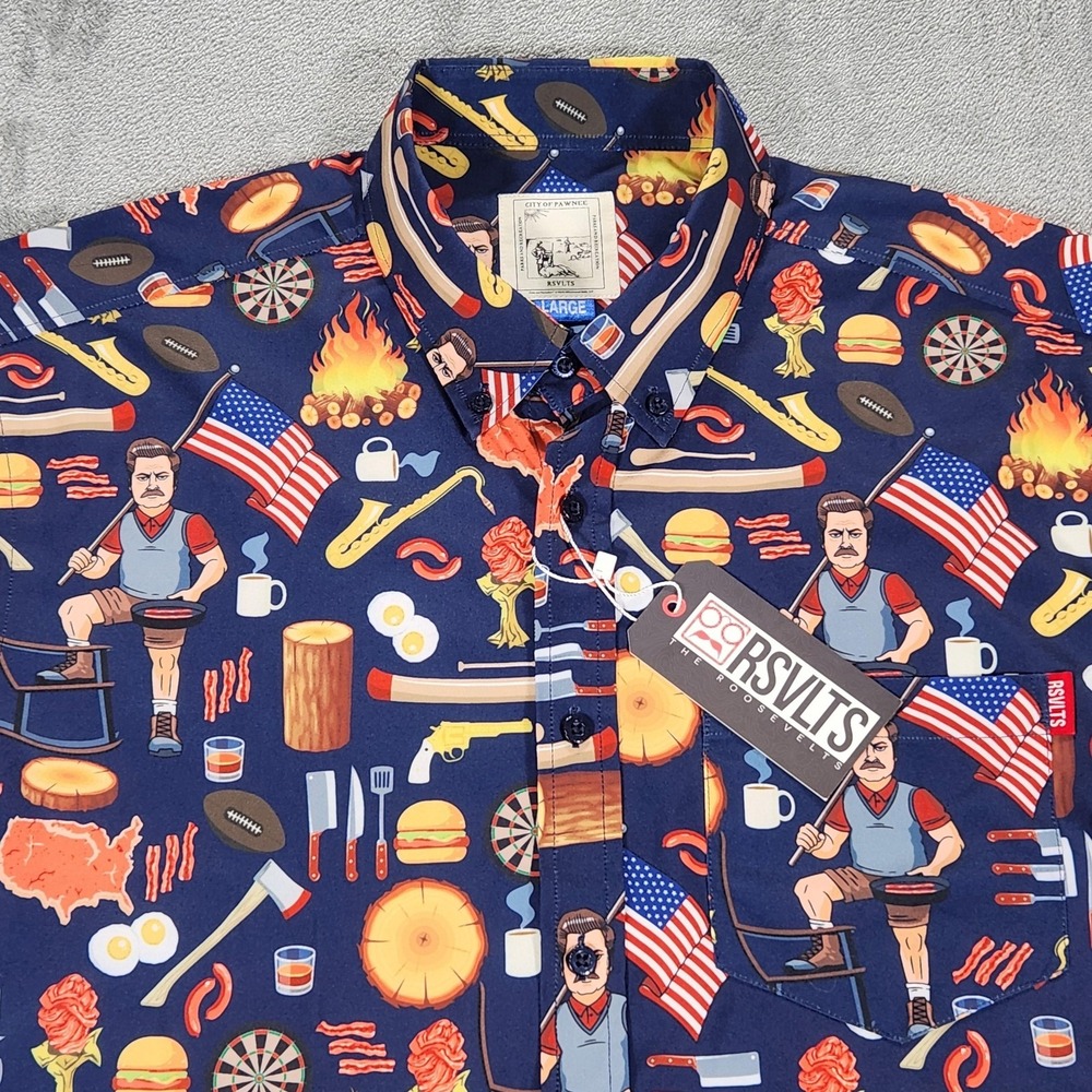 RSVLTS Shirt Mens Large Blue Ron Swanson Shirt of Greatness Short Sleeve